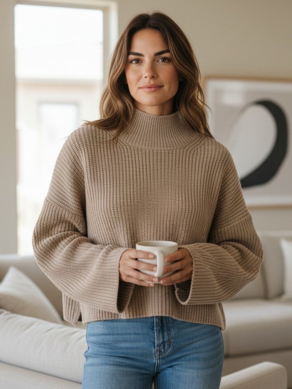 TOPSHOP Cream Boxy Ribbed Mock Neck Oversized Balloon Sleeve Sweater Size 4-6